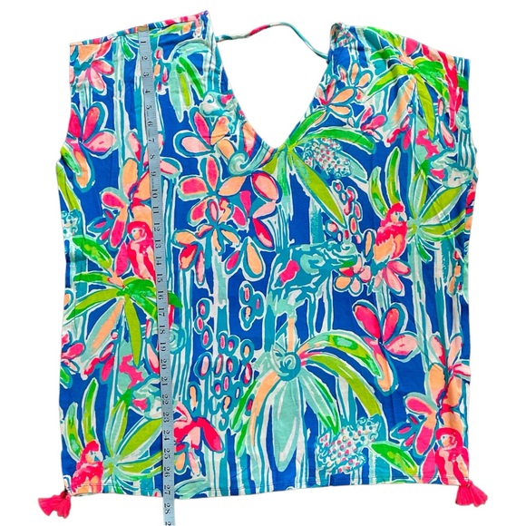 Lilly Pulitzer Seagate Cover up Tippy caftan top tassels deep back pink blue XS - Picture 8 of 14